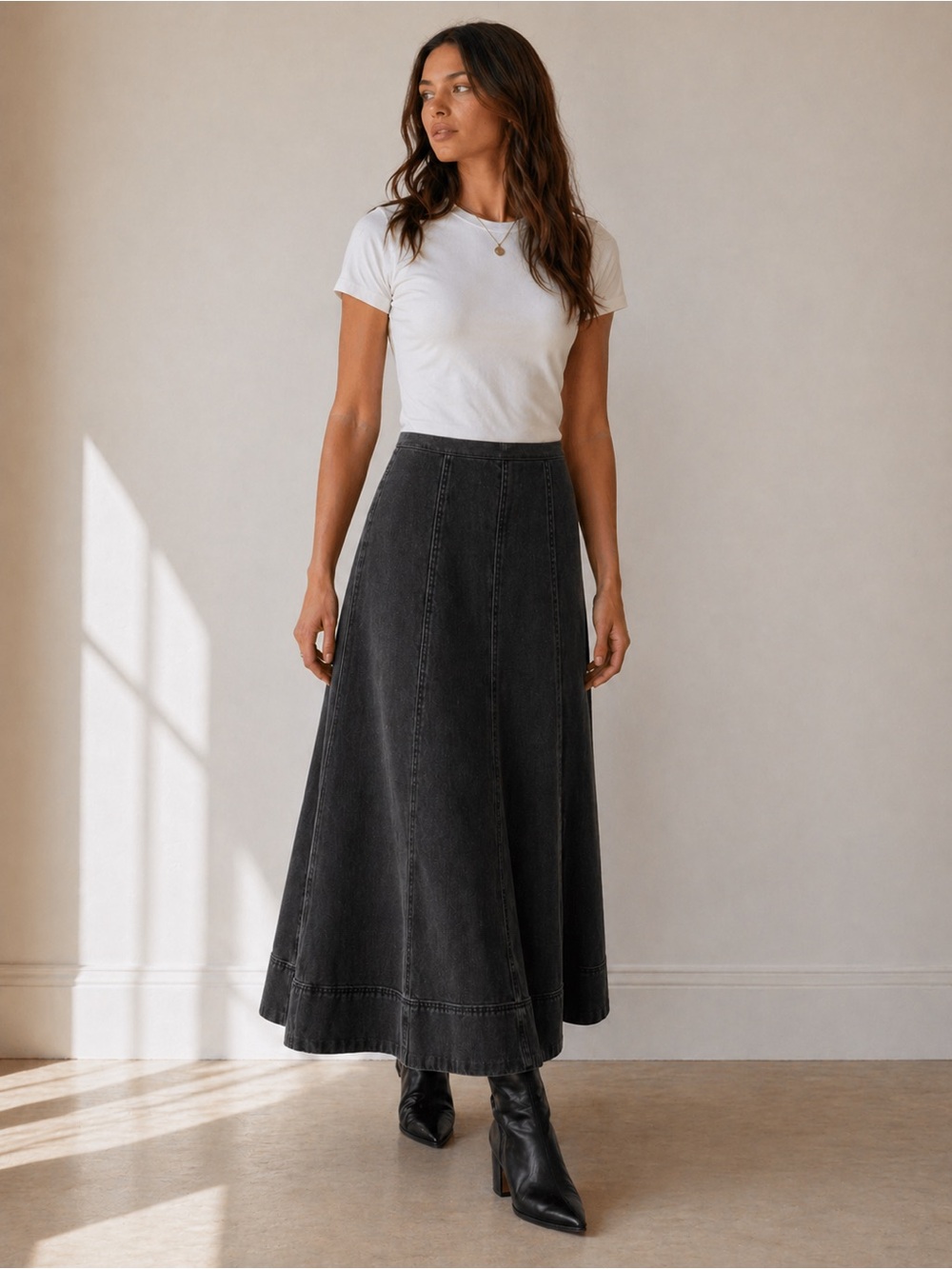 1.STATE Black Denim Maxi Skirt NWT High Rise A-Line Minimalist 2